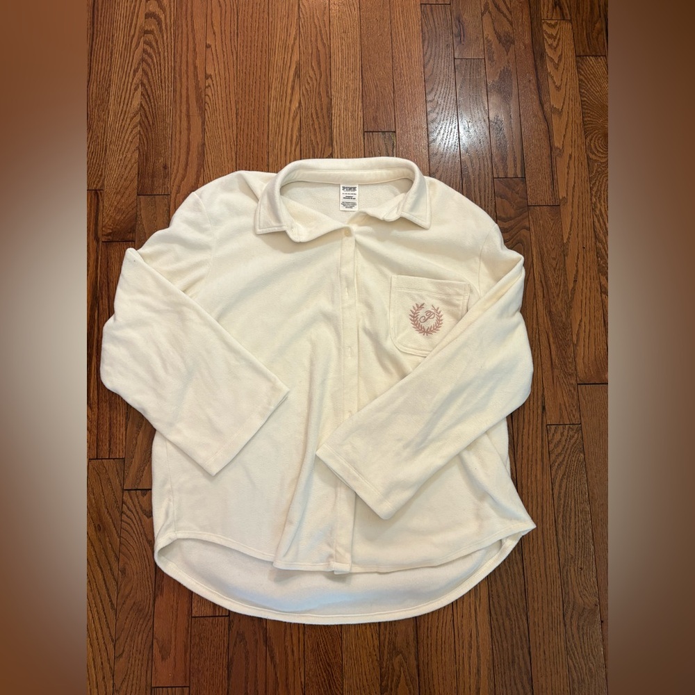 Victorias Secret Pink White Fleece Shacket Shirt with Embroidered Pocket
